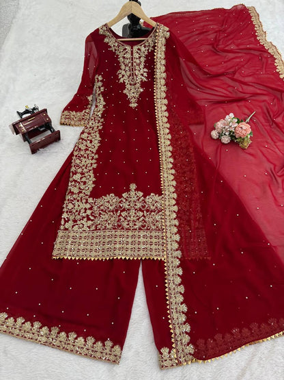 Faux Georgette Red Color Sequence Work Palazzo Suit
