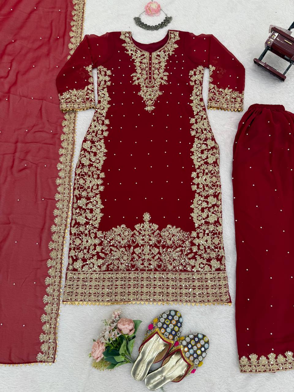 Faux Georgette Red Color Sequence Work Palazzo Suit