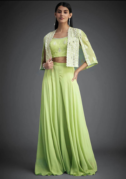 Stylish Pista Georgette Mirror Work Palazzo With Koti