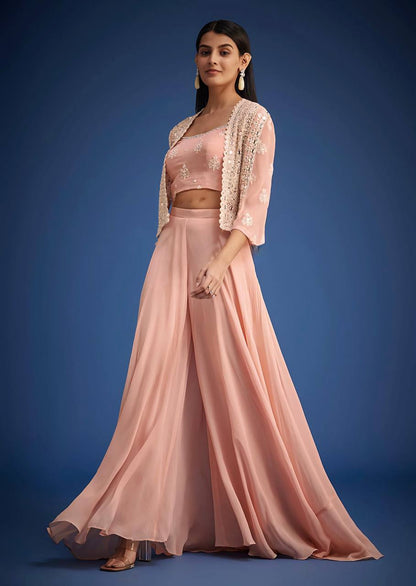 Stylish Pista Georgette Mirror Work Palazzo With Koti