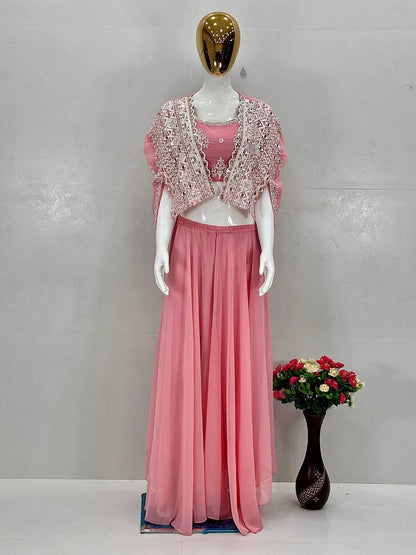 Stylish Pista Georgette Mirror Work Palazzo With Koti