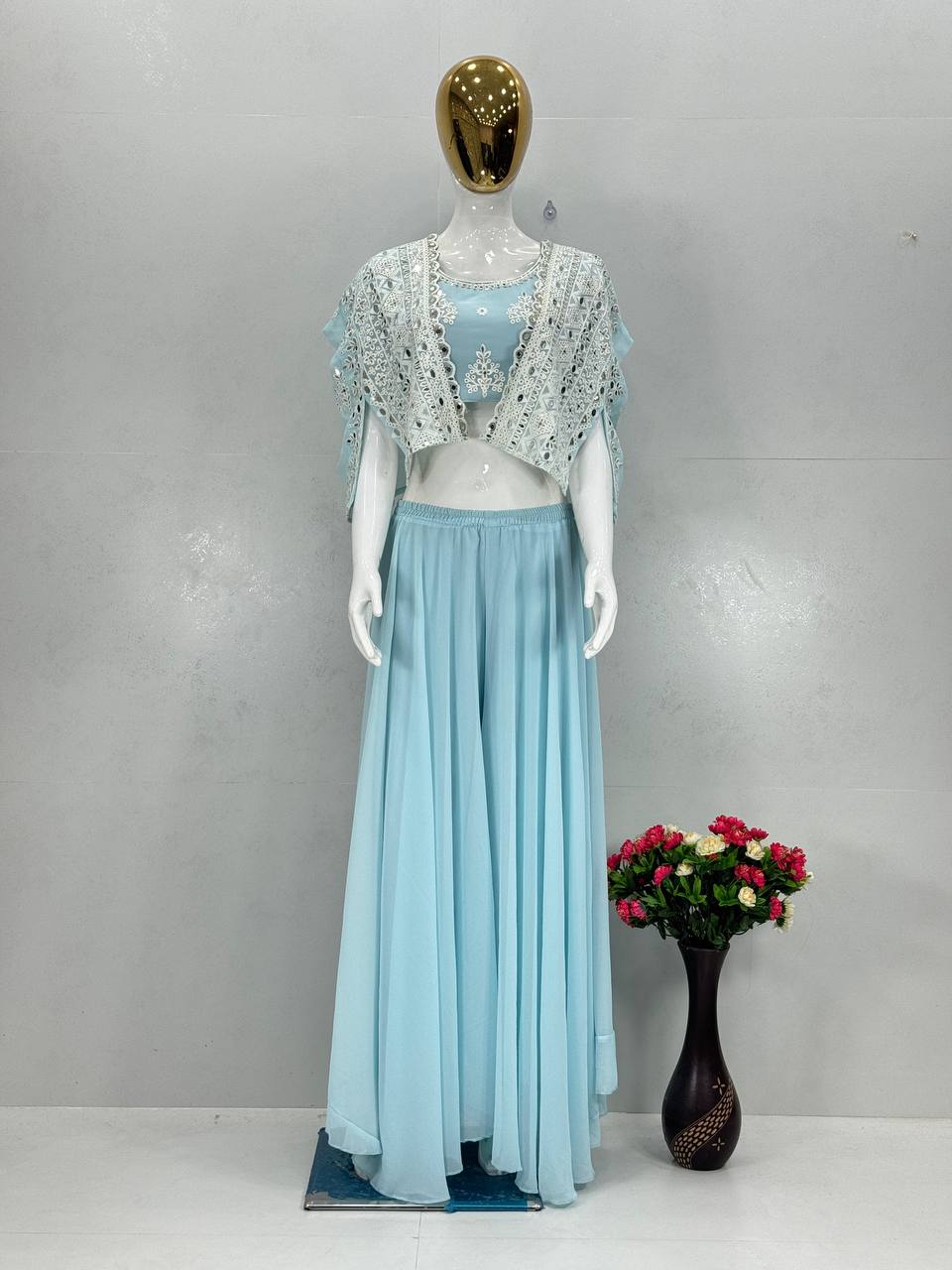 Stylish Pista Georgette Mirror Work Palazzo With Koti