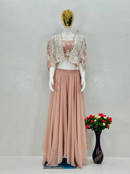 Stylish Pista Georgette Mirror Work Palazzo With Koti