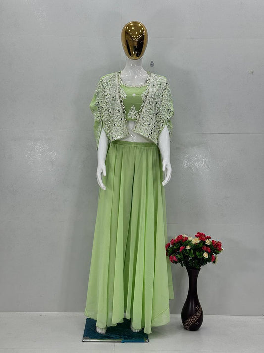 Stylish Pista Georgette Mirror Work Palazzo With Koti