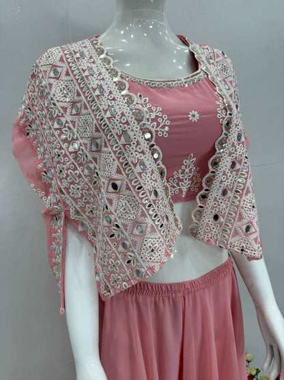 Stylish Pista Georgette Mirror Work Palazzo With Koti