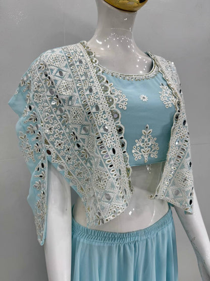 Stylish Pista Georgette Mirror Work Palazzo With Koti