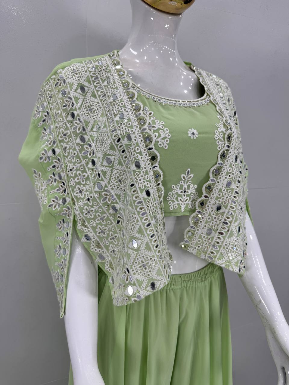 Stylish Pista Georgette Mirror Work Palazzo With Koti