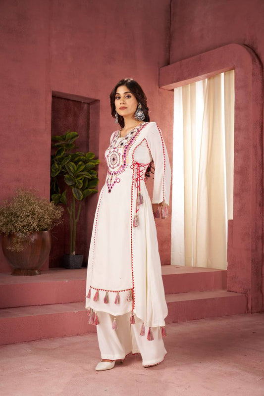 Marvelous White Reyon Thread Work Palazzo Suit