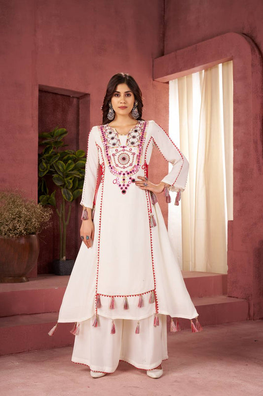 Marvelous White Reyon Thread Work Palazzo Suit