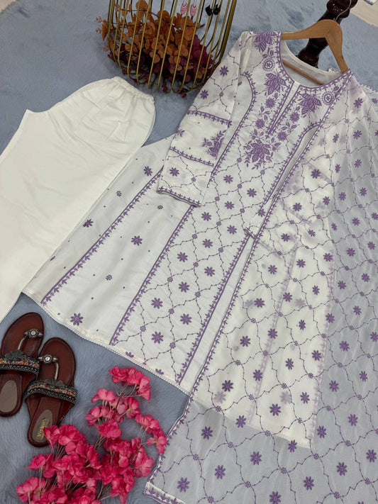 Roman Silk Embroidered Purple Color Palazzo Suit