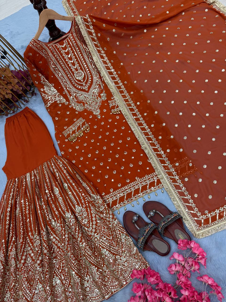 Orange Color Heavy Work Flattering Sharara Suit