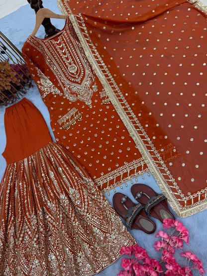 Orange Color Heavy Work Flattering Sharara Suit