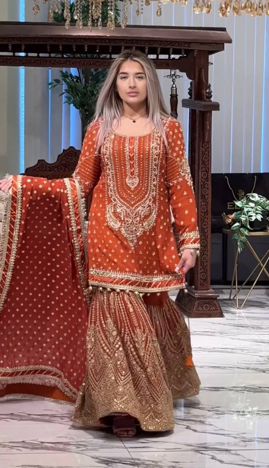 Orange Color Heavy Work Flattering Sharara Suit
