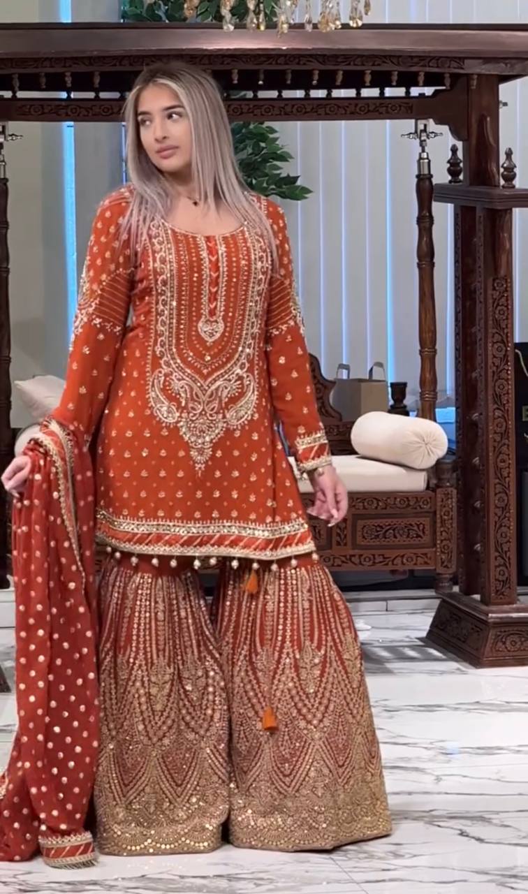 Orange Color Heavy Work Flattering Sharara Suit