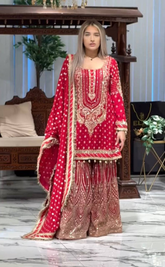 Pink Color Heavy Work Flattering Sharara Suit