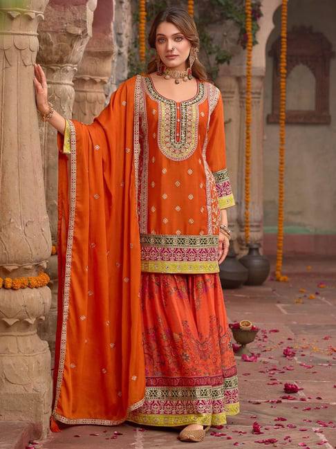Exclusive Orange Chinon Silk with Mirror Work Sharara Suit