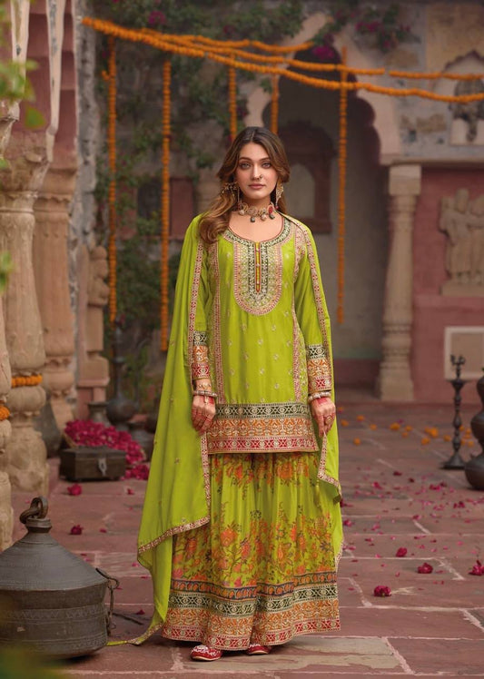 Exclusive Orange Chinon Silk with Mirror Work Sharara Suit