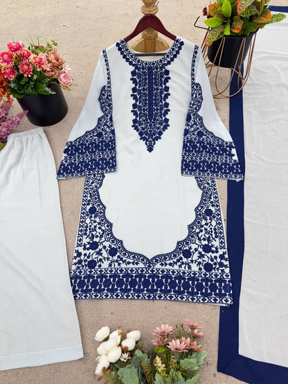 Stylish White Georgette Embroidery Palazzo Suit