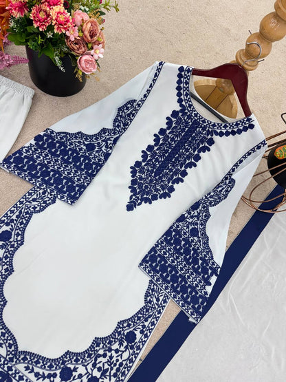 Stylish White Georgette Embroidery Palazzo Suit