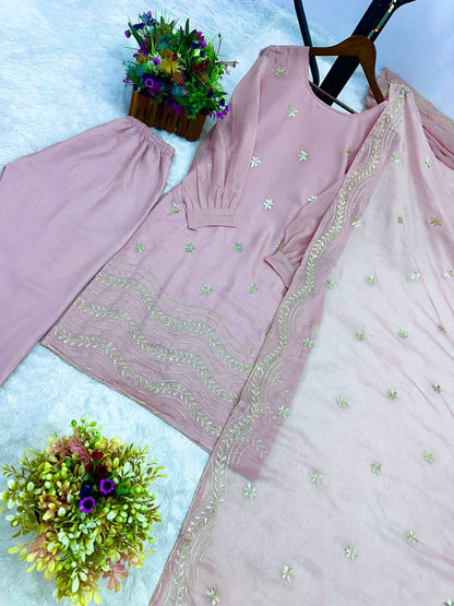 Stylish Pink Silk Embroidery Work Kurti