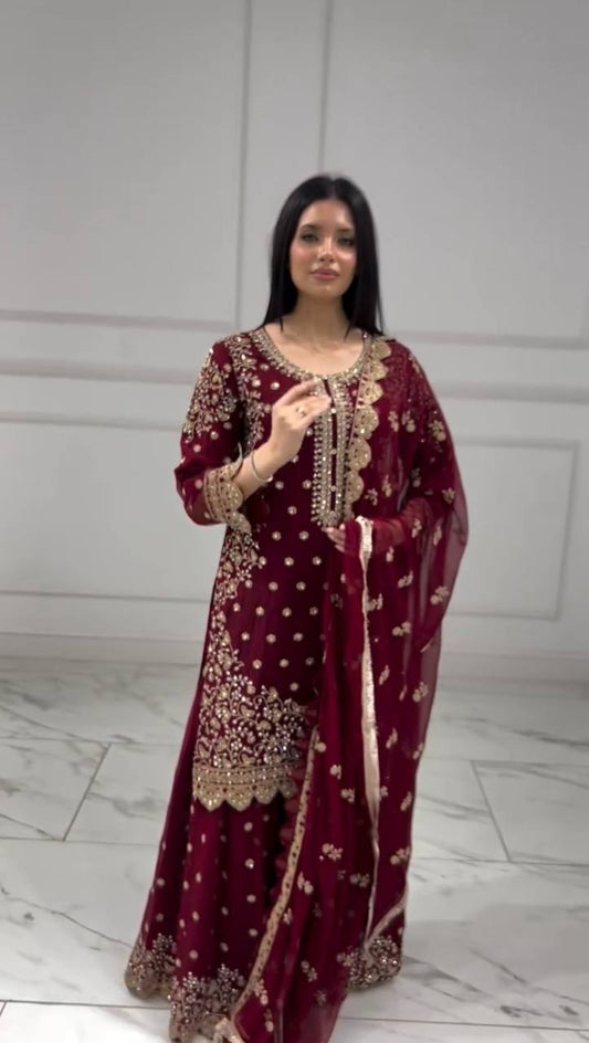 Classy Maroon Georgette Sequence Work Palazzo Suit