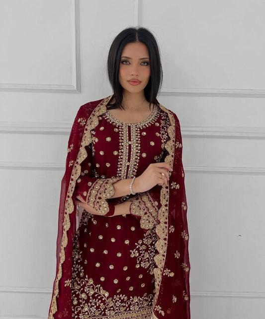 Classy Maroon Georgette Sequence Work Palazzo Suit