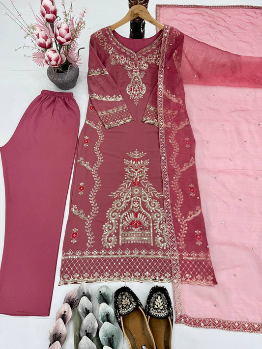 Marvelous Pink Georgette Embroidery Work Palazzo Suit
