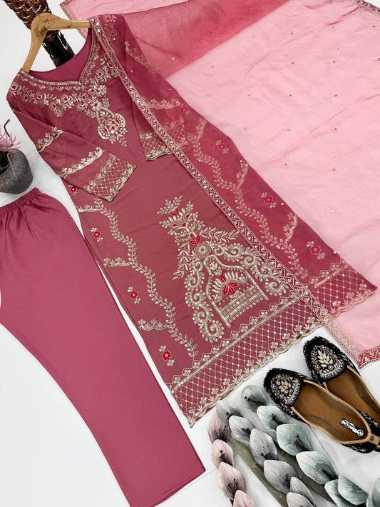Marvelous Pink Georgette Embroidery Work Palazzo Suit