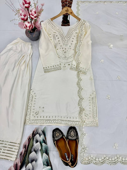White Silk Embroidery Work Bollywood Style Palazzo Suit