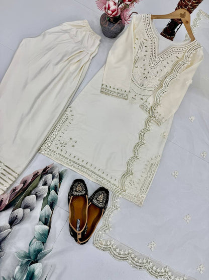 White Silk Embroidery Work Bollywood Style Palazzo Suit