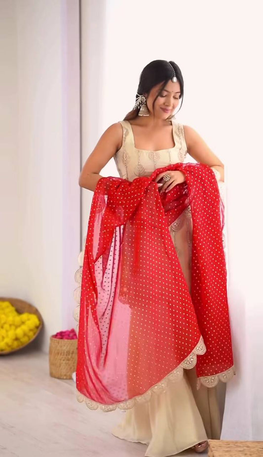 Exclusive Beige Crepe Silk Sequence Work Palazzo Suit