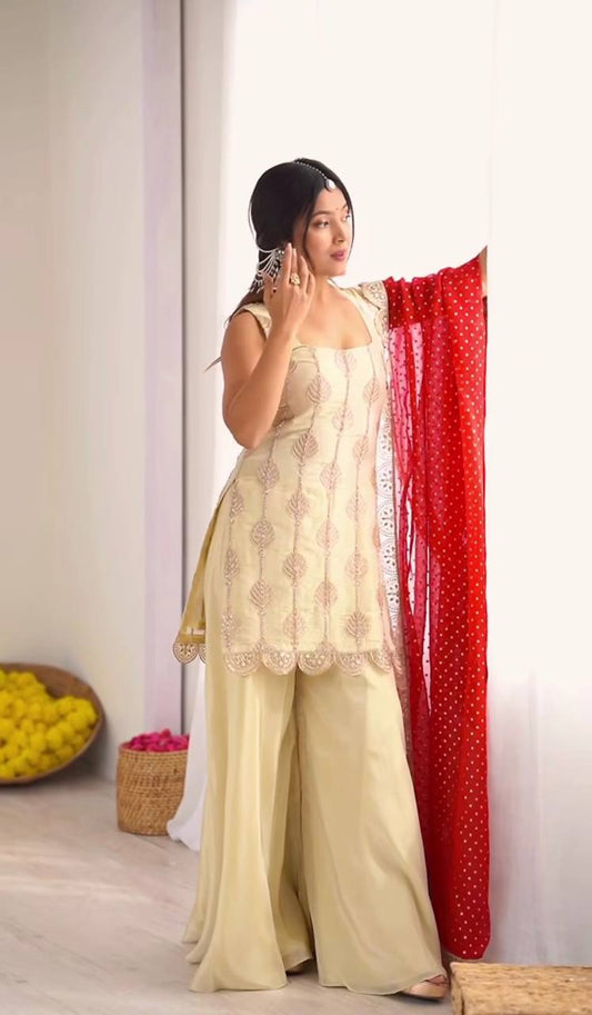 Exclusive Beige Crepe Silk Sequence Work Palazzo Suit