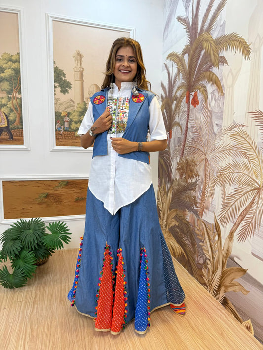 Navratri Special Blue Cotton With Embroidered Koti With Palazzo Suit