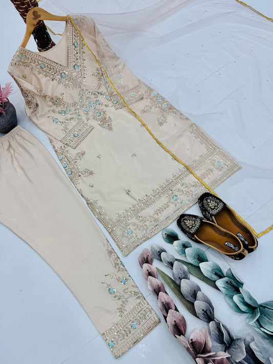 Alluring Beige Silk Embroidery Work Palazzo Suit