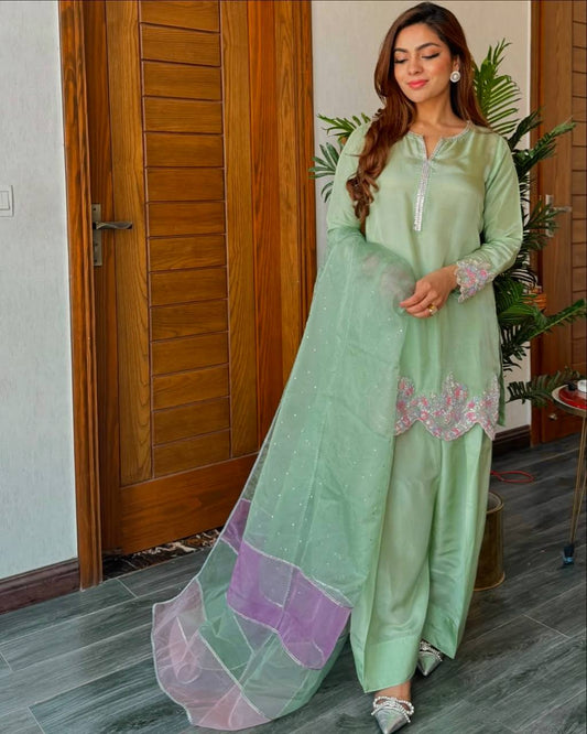 Gorgeous Green Crepe Sequence Work Punjabi Style Palazzo Suit