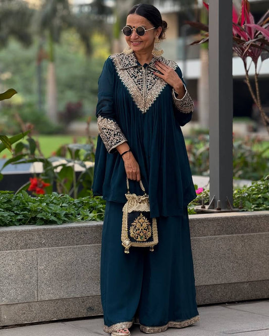 Gorgeous Royal Blue Chinon Embroidery Palazzo Suit