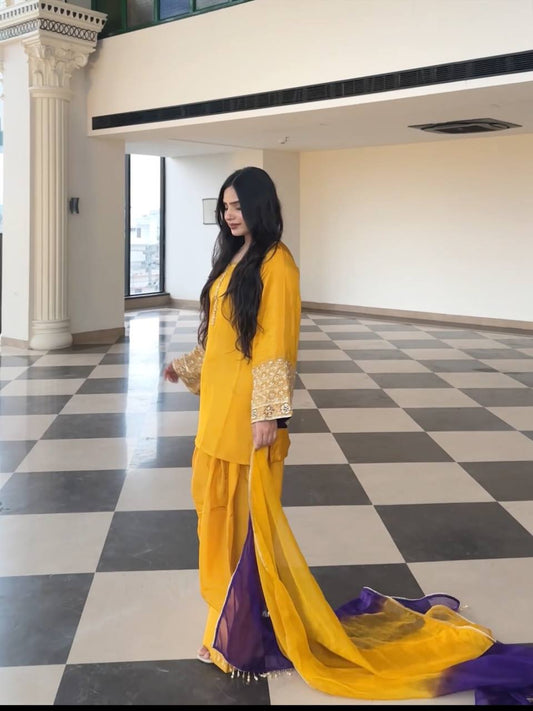 Designer Yellow Satin Silk Embroidery Palazzo Suit