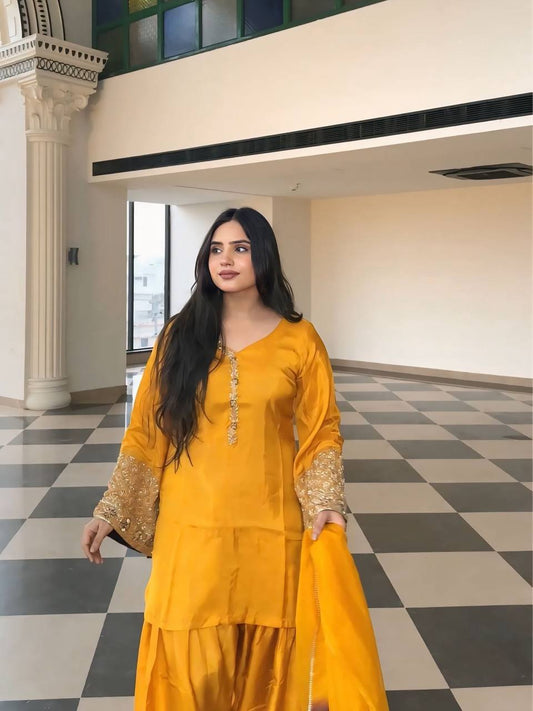 Designer Yellow Satin Silk Embroidery Palazzo Suit