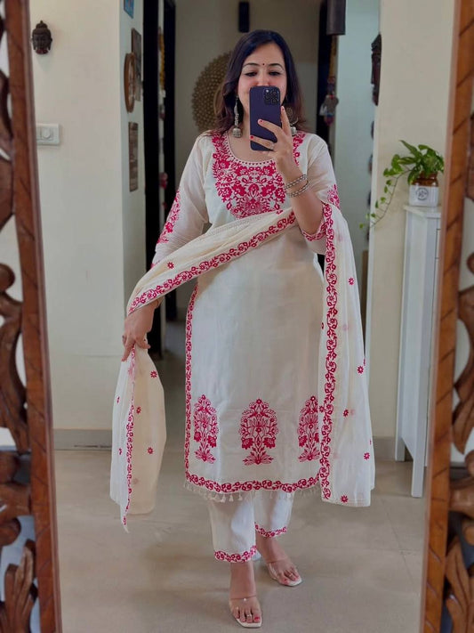 Designer White Cotton Silk Work Palazzo Suit