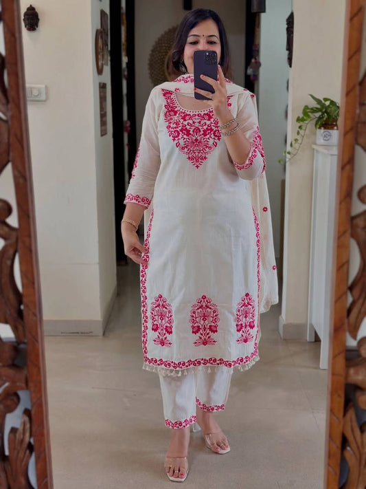 Designer White Cotton Silk Work Palazzo Suit