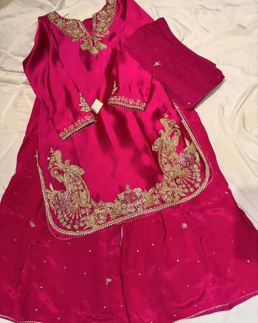 Glorious Pink Crepe Sequence Work Palazzo Suit