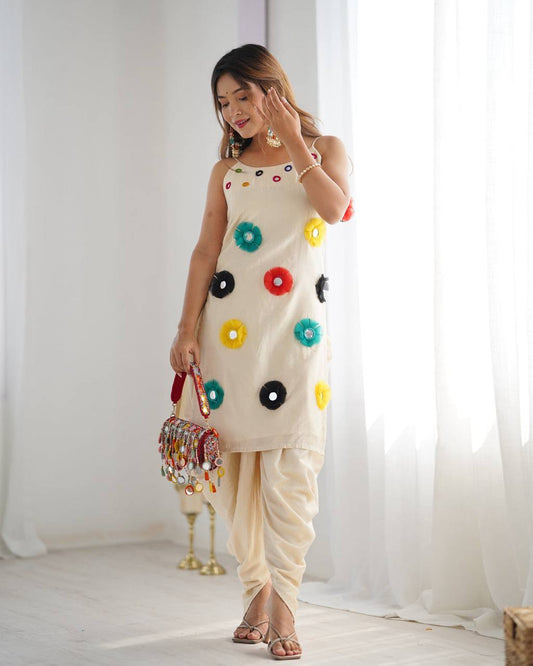 Trendy White Cotton with Mirror Work Dhoti Suit