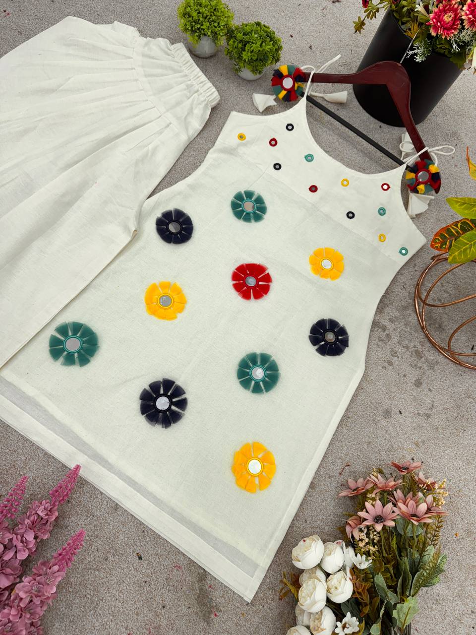 Trendy White Cotton with Mirror Work Dhoti Suit