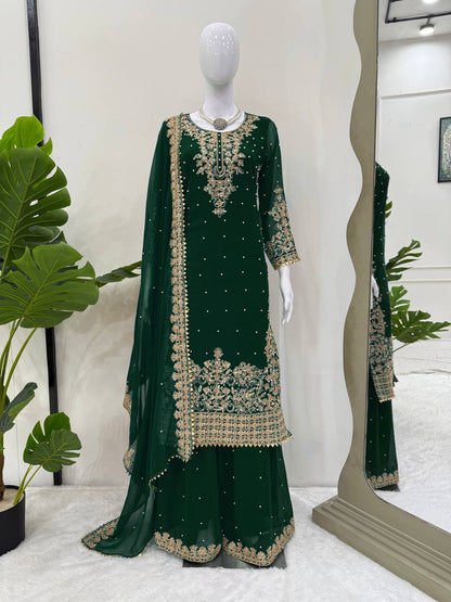 Admiring Green Georgette Sequence Work Palazzo Suit