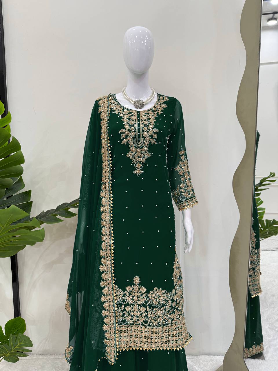 Admiring Green Georgette Sequence Work Palazzo Suit
