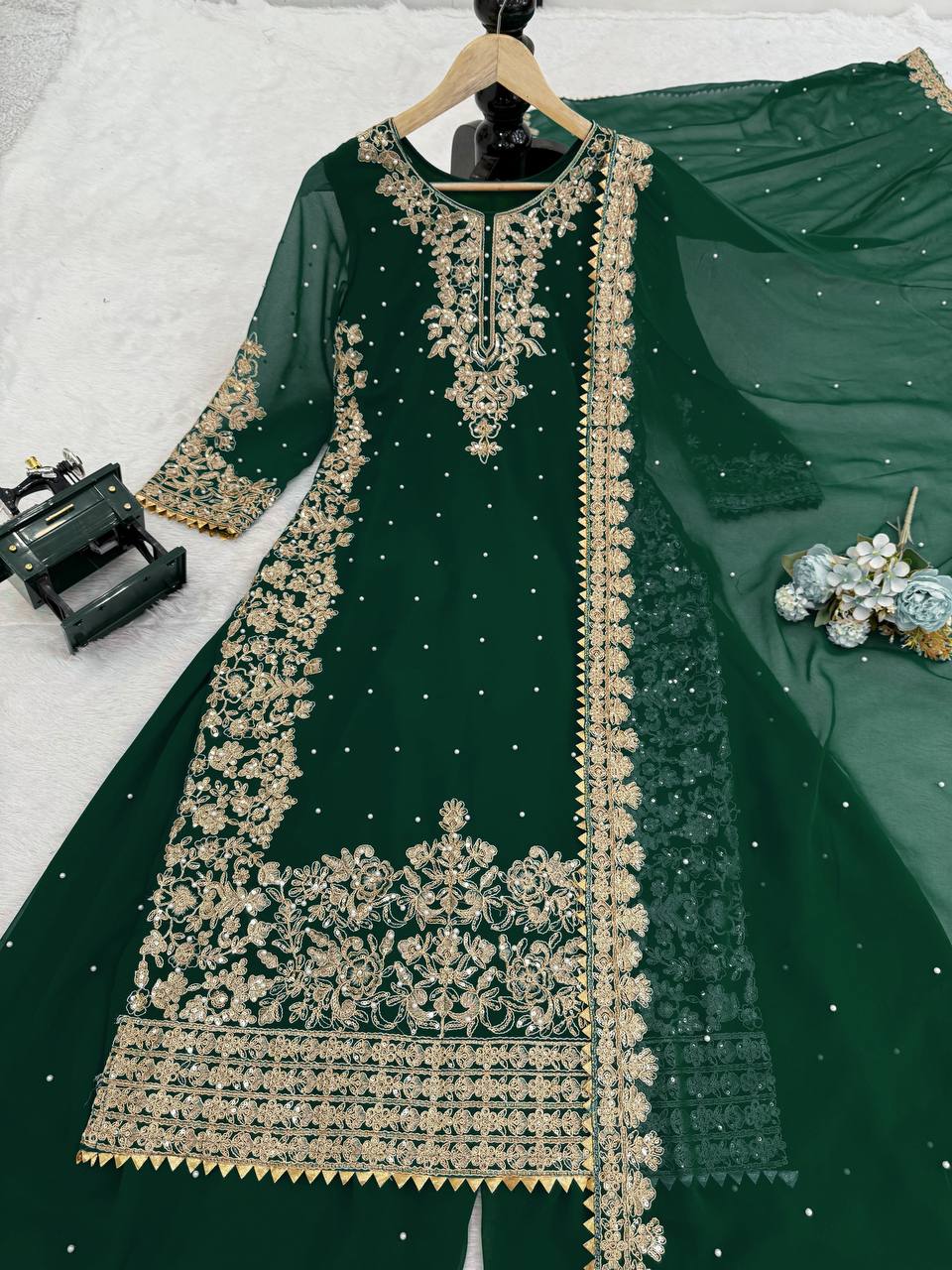 Admiring Green Georgette Sequence Work Palazzo Suit