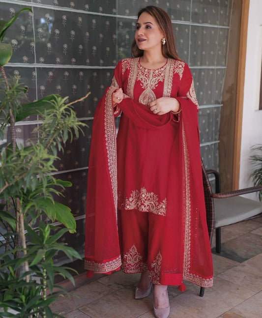 Lovely Red Chinon Silk Work Palazzo Suit