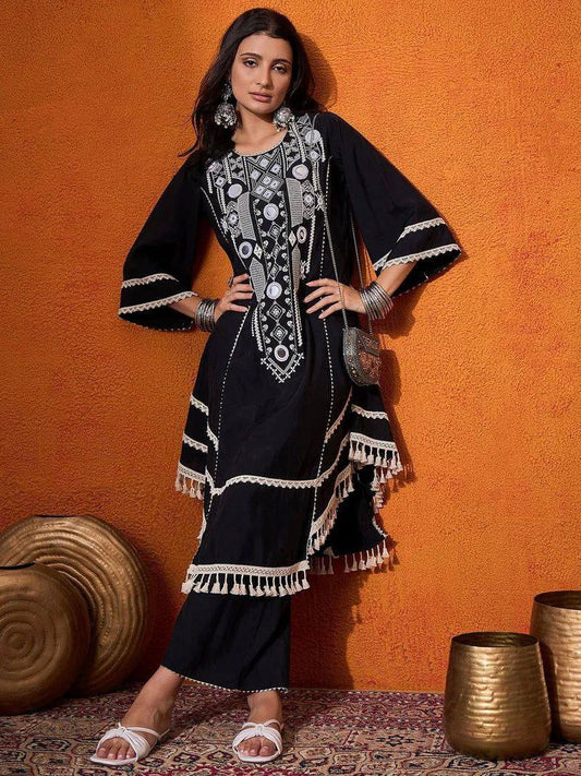 Pretty Black Rayon Cotton Mirror Work Palazzo Suit