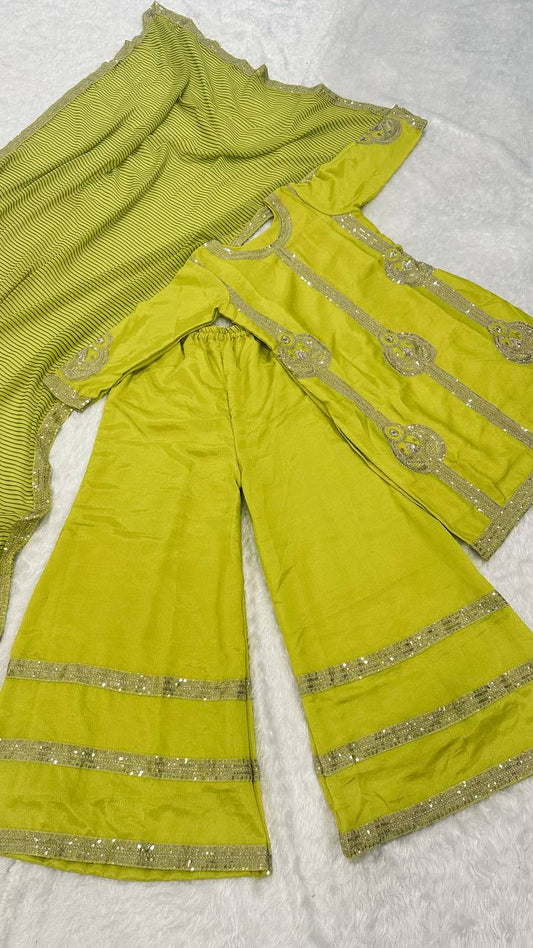 Attractive Green Chinon Silk Zari Work Palazzo Suit