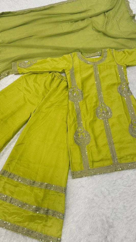 Attractive Green Chinon Silk Zari Work Palazzo Suit